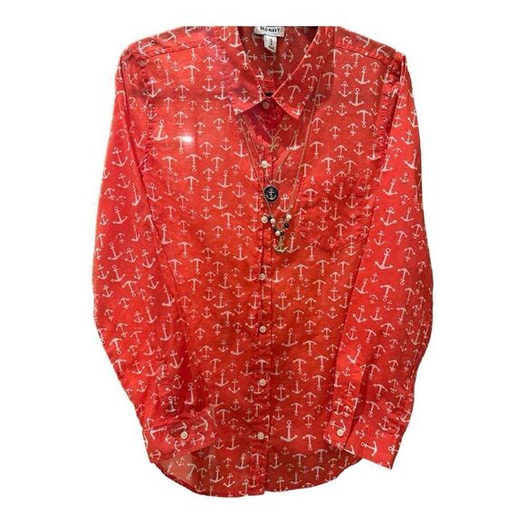 Old Navy Button-Up Red Anchor Print Collared Long Sleeves necklace included - Picture 9 of 11